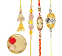 Brass Thali Plate Platter with Bhai Bhabhi Rakhi Lumba Set Bracelet Thread Pack Set of 4 Family Rakhi Brass Puja Thali with Rakhee Card for Brother Sister Raksha Bandhan Puja Rituals(Plate Size:- 5")