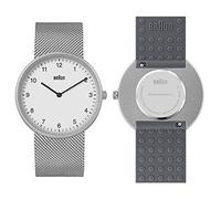 Braun 2 Agujas Reloj Analógico de Cuarzo, Esfera Blanca y Correa de Malla de Acero Inoxidable con Correa Adicional de Caucho de Silicona Gris, 38 mm, Modelo BN0281WHMHGYG.