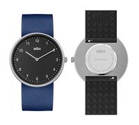 Braun 2 Agujas Reloj Analógico de Cuarzo, Esfera Negra y Correa de Caucho de Silicona Azul con Correa Adicional de Caucho de Silicona Negra, 38 mm, Modelo BN0281BLBKG.