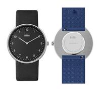 Braun 2 Agujas Reloj Analógico de Cuarzo, Esfera Negra y Correa de Piel Negra con Correa Adicional de Caucho de Silicona Azul, 38 mm, Modelo BN0281BKBLG.