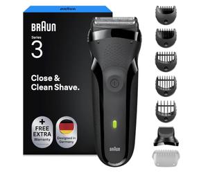 Braun Afeitadora eléctrica serie 3 para hombre, maquinilla de afeitar de | Incluye accesorio para recortadora de barba, 3 cuchillas flexibles, batería recargable, fabricado en Alemania, modelo 300BT