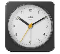 Braun Classic Analogue Alarm Clock with Snooze and Light, Quiet Quartz Sweeping Movement, Crescendo Beep Alarm in Black and White, Model BC03BW.