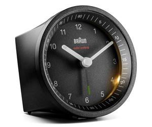 Braun Classic Radio Controlled Analogue Alarm Clock For Central European Time Zone (DCF/GMT+1) with Snooze and Light, Quiet Quartz Movement, Crescendo Beep Alarm in Black, Model BC07B-DCF.