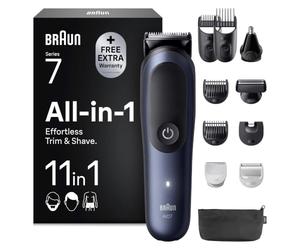 Braun - Cortacésped eléctrico para hombre, todo en uno, serie 7, AIO7540, 11 en 1, azul, impermeable, batería recargable, cuchilla ProBlade ultra afilada, inalámbrica, estuche con 6 zuecos, 3