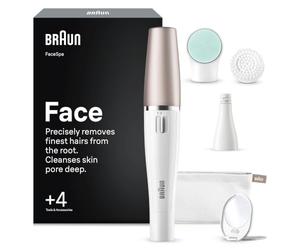 Braun Depiladora Facial Mujer FaceSpa con 4 Accesorios, 851V, Blanco/Bronce | Set de Belleza 2 en 1, Rasuradora Facial con Cepillo de Limpieza, Resistente al Agua, Elimina El Vello Y Limpia La Piel