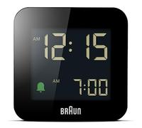 Braun Digital Travel Alarm Clock with Snooze, Compact Size, Negative LCD Display, Quick Set, Crescendo Beep Alarm in Black, Model BC08B.