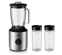 Braun JB 3272 SI PowerBlend 3 - Batidora de vaso (incluye 2 botellas Smothie2Go, recipiente de cristal de 1,5 l para ingredientes calientes y fríos, adecuada como picadora de hielo y batidora