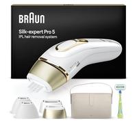 Braun Luz Pulsada Silk-expert Pro 5, Alternativa a Depiladora Laser, Eliminación Del Vello En Casa, Depiladora IPL Con Funda, Maquinilla Venus, 4 Cabezales Para Cara y Cuerpo, Blanca/Dorada, PL5342