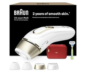 Braun Luz Pulsada Silk·expert Pro 5, PL5382, Blanca/Dorada - Alternativa a Depiladora Laser, Eliminación del Vello en Casa, Depiladora IPL con Funda, Maquinilla Venus, 4 Cabezales para Cara Y Cuerpo