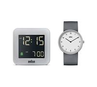 Braun Paquete de Regalo Reloj analógico de Cuarzo de 2 manecillas con Correa de Caucho de Silicona Gris y Reloj Despertador de Viaje Gris, Modelo BN0231WHGYG, BC08G (2 Pack)