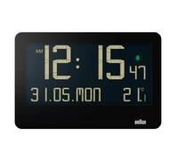 Braun Reloj de Pared Digital Temperatura Interior, Fecha, día de la Semana, Gran Pantalla LCD Invertida, Ajuste rápido, Alarma Sonora en Negro, Modelo BC14B.