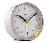 Braun Reloj Despertador analógico clásico función repetición e iluminación, Movimiento de Cuarzo silencioso, Alarma por pitido en Crescendo en Blanco y Rosa, Modelo BC12PW.