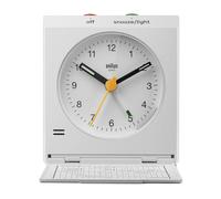 Braun Reloj Despertador de Viaje analógico clásico función Snooze, diseño Vintage, tamaño Compacto, Movimiento de Cuarzo silencioso, Alarma con Sonido Crescendo en Color Blanco, Modelo BC05W.