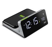 Braun Reloj Despertador Digital Pantalla LCD de alineación Vertical, Almohadilla de Carga rápida inalámbrica Qi de 10 W, Ajuste automático de retroiluminación, Gris, Modelo BC21GEU