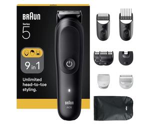 Braun Serie 5 Kit de cuidado corporal multifunción 9 en 1, hoja extremadamente afilada, 120 minutos, recorte preciso y efectivo, mango AquaGrip para uso subacuático, AIO5540, negro