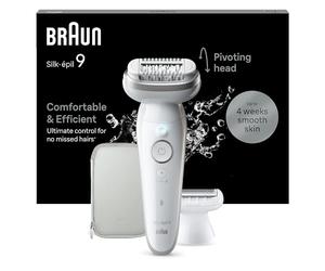 Braun Silk-épil 9, Depiladora Eléctrica Mujer Para Una Eliminación Del Vello Fácil, Depilación En Seco Y En Mojado, Con Cabezal De Rasuradora, Piel Suave Duradera, 9-041, Blanca/Plateada