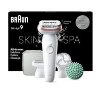 Braun Silk-épil 9 SkinSpa - Set todo en uno, depiladora para mujer, depiladora de larga duración, cabezal de afeitado, cabezal de masaje, color blanco y rosa