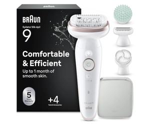 Braun Silk-épil 9 SkinSpa - Set todo en uno, depiladora para mujer, depiladora de larga duración, cabezal de afeitado, cabezal de masaje, color blanco y rosa