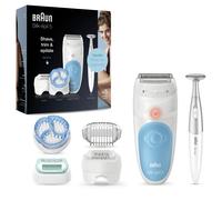 Braun Silk-épil depiladora eléctrica mujer para una depilación suave, depilación en seco y en mojado, capuchón de masaje, cabezal de recorte y rasurado, cepillo de exfoliación, perfiladora zona
