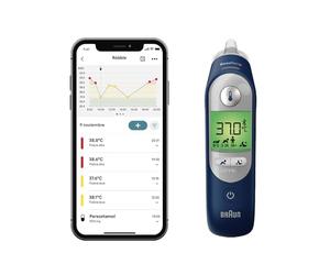 Braun ThermoScan 7+ connect Termómetro de oído | Compatible con la aplicación Braun Family Care™ | Tecnología Age Precision® | Pantalla digital codificada por colores