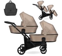 Kunert BRAV DUO - Cochecito gemelar 2 en 1+Accesorios: Confort, Seguridad, Practicidad, Diseño Elegante y Funcional, Sistema Versátil, Estructura de Aluminio (Piel Sintética Capuchino/Marco Negro)