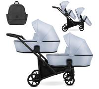 Kunert BRAV DUO Cochecito Gemelar 2 en 1+Accesorios: Confort, Seguridad, Practicidad, Diseño Elegante y Funcional, Sistema Versátil, Estructura de Aluminio, Ligero, Polipiel Baby Blue/Negro