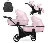Kunert BRAV DUO Cochecito Gemelar 2 en 1+Accesorios: Confort, Seguridad, Practicidad, Diseño Elegante y Funcional, Sistema Versátil, Estructura de Aluminio, Ligero, Polipiel Baby Pink/Negro