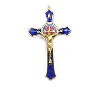 BRAVECOW Crucifijo vintage de metal dorado para decoración de pared, crucifijo de Jesús, sagrado religioso, tallado, Cristo (azul)