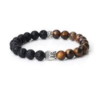 Brazaletes de Piedra Natural Hechos A Mano de 8mm para Hombres y Mujeres, con Cuentas de Piedra de Lava de Ojo de Tigre y Dijes de Cabeza de Buda Tibetano, Brazalete de Moda para Parejas, Regalo de