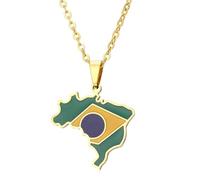 Brazil Map Necklace - Brazil Map and Flag Pendant, Stainless Steel Country