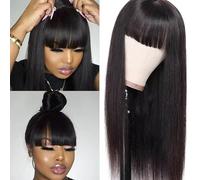 Brazilian Straight Human Hair Wig con Bangs - 150% Density Virgin Glueless Machine Made Non-Lace Front para Mujeres - Color Natural 12 Pulgadas