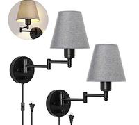 Brazo Largo Ajustable Lampara de Pared Interior con Interruptor Enchufe E27 Apliques de Pared Negro Vintage Retro Luz de Pared Extensible Giratoria Bañadores de Pared Gris Pantalla de Tela (2 Piezas)