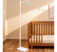 Brazo móvil para cuna de pie blanco con caja de música, soporte móvil de madera de 65 pulgadas para cuna, 100% madera de haya, 12 canciones de cuna, control de volumen, motor móvil giratorio para cuna