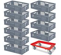 BRB 00021381 Formato de euro Cesta de apilamiento con rodillo de transporte libre, 600 mm x 400 mm x 150 mm, gris, paquete de 10