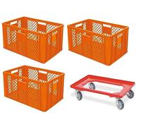BRB 3 recipientes europeos calados, aptos para alimentos, 600 x 400 x 320 mm, incluye ruedas de transporte (naranja)