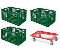BRB 3 recipientes europeos calados, aptos para alimentos, 600 x 400 x 320 mm, incluye ruedas de transporte (verde)