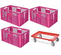 BRB 3 recipientes europeos calados, aptos para alimentos, 600 x 400 x 320 mm, incluye ruedas de transporte (rosa)