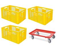 BRB 3 recipientes europeos calados, aptos para alimentos, 600 x 400 x 320 mm, incluye ruedas de transporte (amarillo)