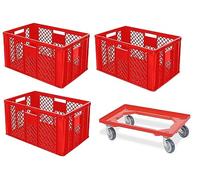 BRB 3 recipientes europeos calados, aptos para alimentos, 600 x 400 x 320 mm, incluye ruedas de transporte (rojo)