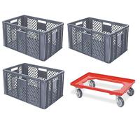 BRB 3 recipientes europeos calados, aptos para alimentos, 600 x 400 x 320 mm, incluye ruedas de transporte (gris)