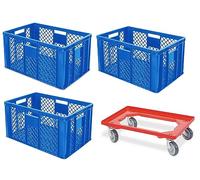 BRB 3 recipientes europeos calados, aptos para alimentos, 600 x 400 x 320 mm, incluye ruedas de transporte (azul)