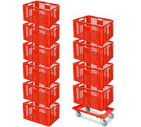 BRB Juego de 10 contenedores apilables europeos con ruedas de transporte, 600 x 400 x 320 mm, calidad industrial, apto para alimentos, color rojo