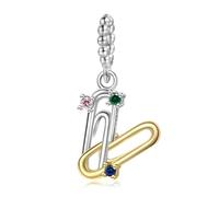 BRBRB Dije de clip de papel en plata de ley S925 - Joyas de circonitas bañadas en oro de 14 k for pulseras y collares - Compatible con Pandora, Biagi, Troll y Chamilia