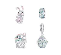 BRBRB Juego de dijes de conejo y huevo de Pascua en plata de ley 925 | Cuentas de bricolaje con temática de primavera for pulseras y collares | Compatible con Pandora, Biagi, Troll y Chamilia(Set)