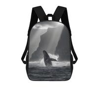 Breaching Whale at Coastal Cliffs in Black And White Mochila Escolar Infantil Impresa En 3D Para Niños, Mochilas De Viaje, Bolsas Para Libros, Mochila Escolar Infantil 17inch