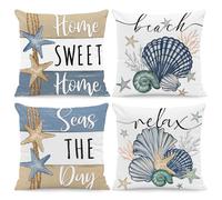 BREASOME Fundas Cojines 45x45 cm, Juego de 4 Fundas de Cojin Estrellas de Mar y Conchas Tema del Océano Fundas de Almohada Decorativas Cuadradas de Poliéster para Sofá Dormitorio Sala de Estar