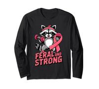 Breast Cancer Awareness Feral and Strong Gym Raccoon Ribbon Manga Larga
