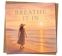 Breathe It In Sunset Beach Thinking of You Tarjeta de felicitación, 145 mm x 145 mm, ilustración relajante junto al mar, tarjeta sincera, incluye sobre de papel kraft