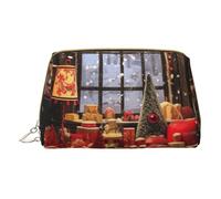 BREAUX Bolsa de cosméticos portátil de piel con estampado de Feliz Navidad, bolsa de cosméticos portátil (pequeña), Blanco, Talla única