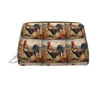 BREAUX Bolsa de cosméticos portátil de piel con estampado de gallo sobre madera en tierras de cultivo, bolsa de cosméticos portátil (pequeña), Blanco, Talla única